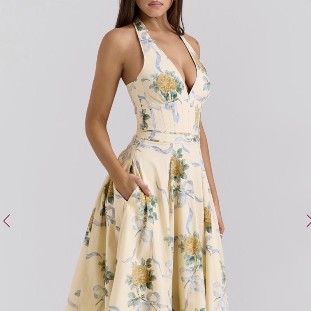 House of CB Allena lemon ribbon stretch cotton halter midi sundress - Picture 3 of 10